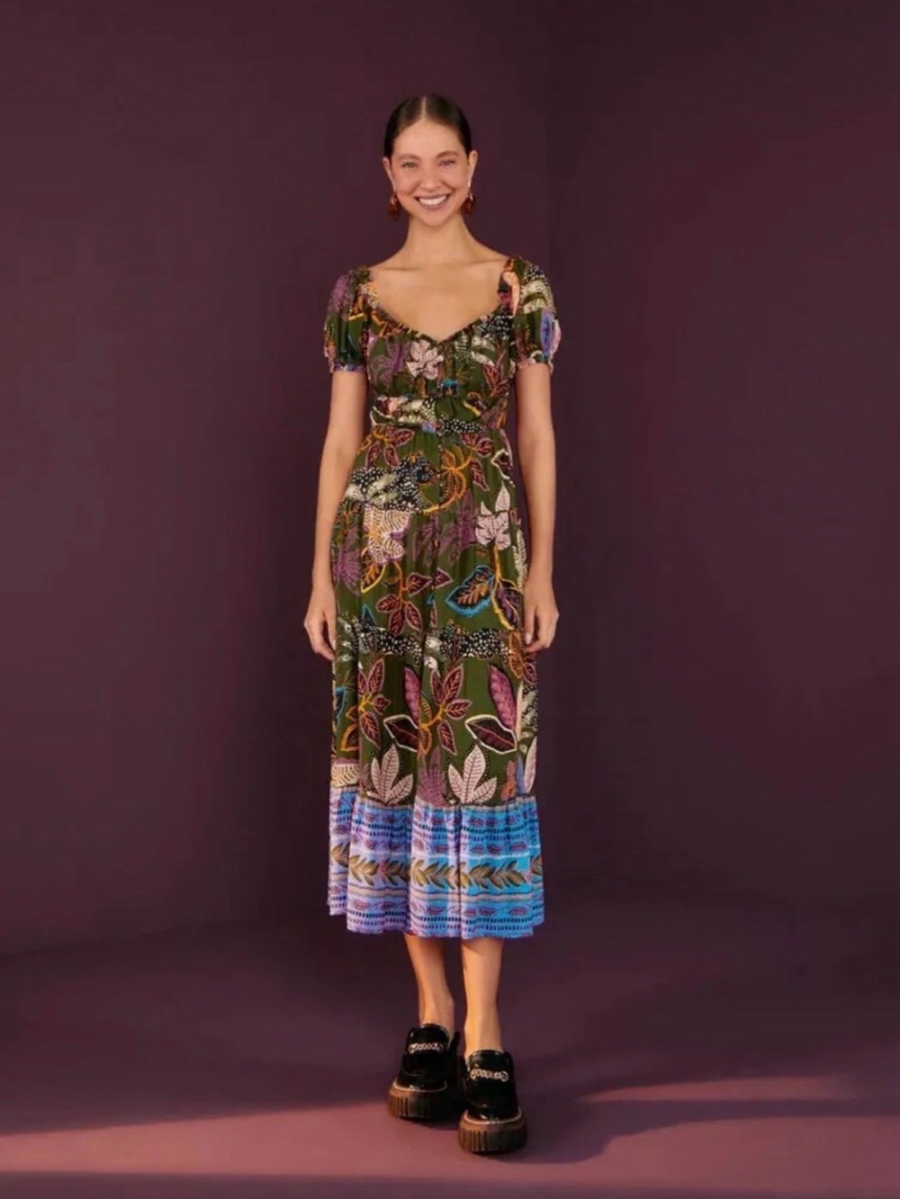 FARM Rio Olive Green Floral Tiered Maxi Dress with Pink & Purple Accents - Picture 3 of 5